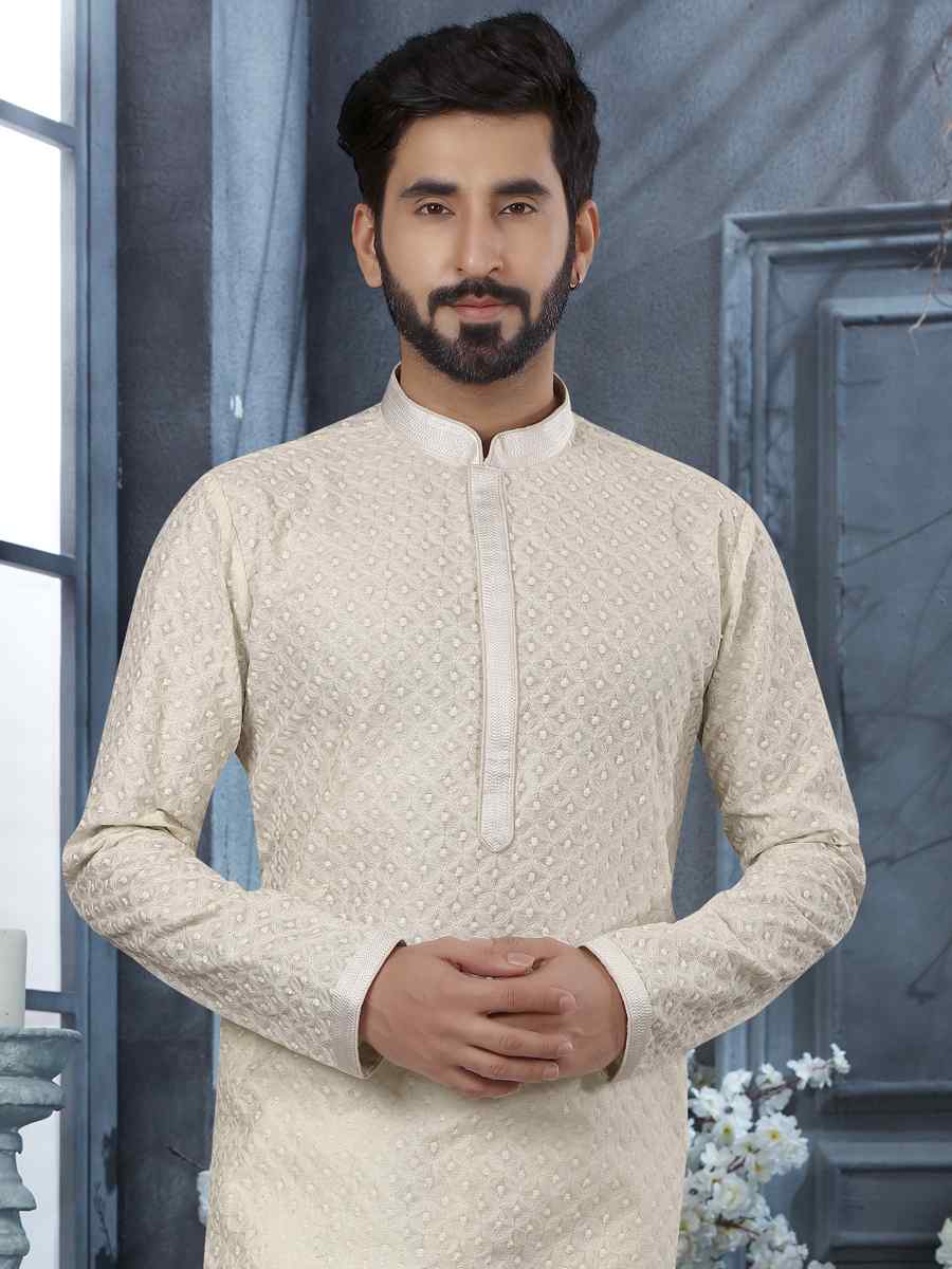 Off White Lucknowi Woven Festival Party Kurta