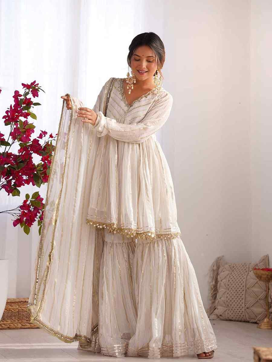Off-White Mal Chanderi Embroidered Party Wedding Ready Sharara Pant Salwar Kameez
