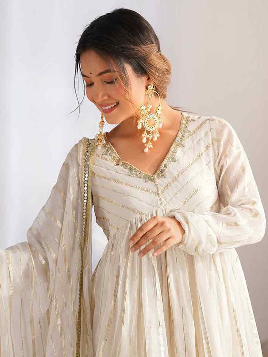 Off-White Mal Chanderi Embroidered Party Wedding Ready Sharara Pant Salwar Kameez