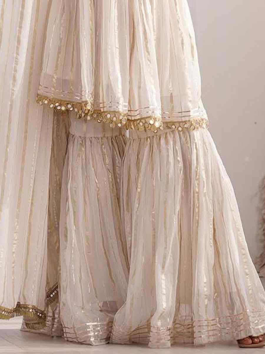 Off-White Mal Chanderi Embroidered Party Wedding Ready Sharara Pant Salwar Kameez