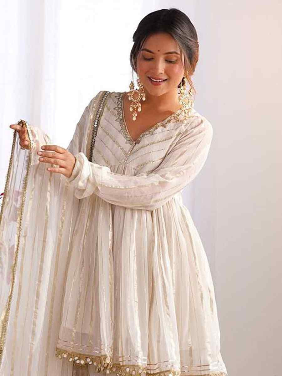 Off-White Mal Chanderi Embroidered Party Wedding Ready Sharara Pant Salwar Kameez