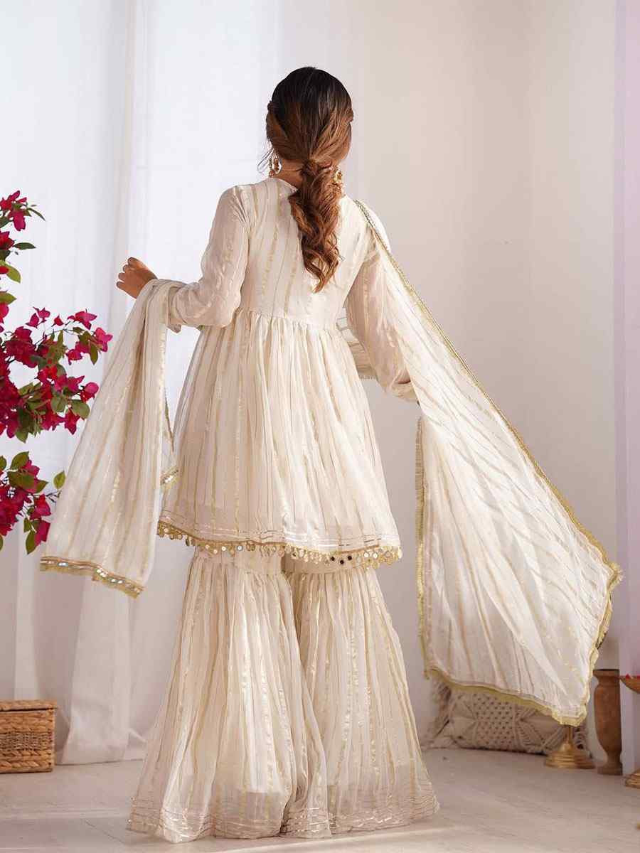 Off-White Mal Chanderi Embroidered Party Wedding Ready Sharara Pant Salwar Kameez