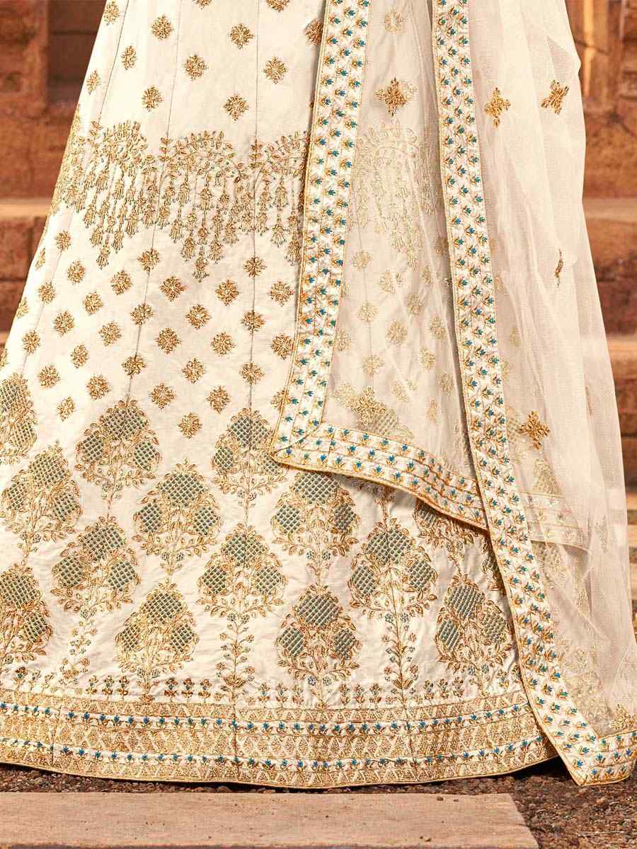 Off White Malai Satin Embroidered Wedding Mehendi Circular Lehenga Choli