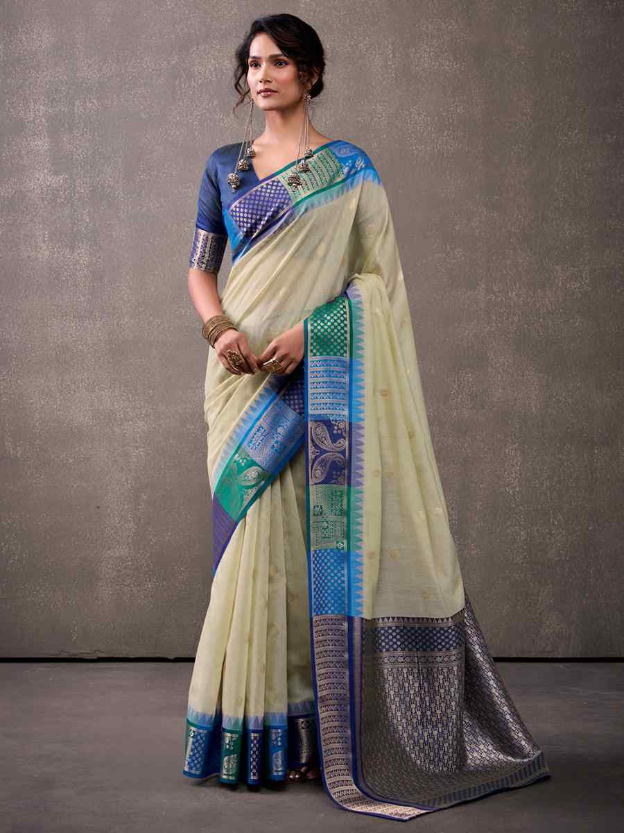 Off-White Modal Cotton Handwoven Festival Wedding Fancy Heavy Border Saree
