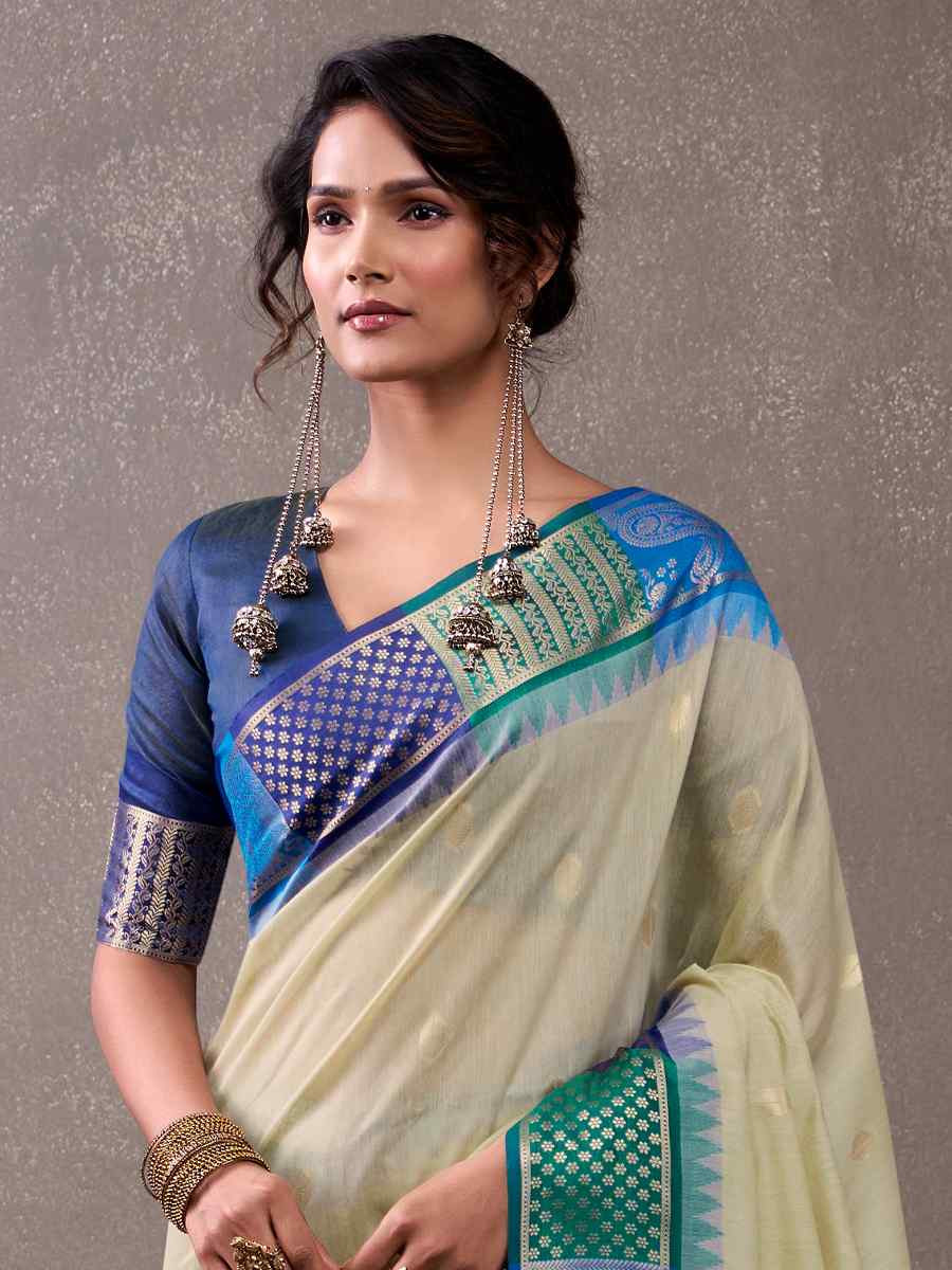 Off-White Modal Cotton Handwoven Festival Wedding Fancy Heavy Border Saree