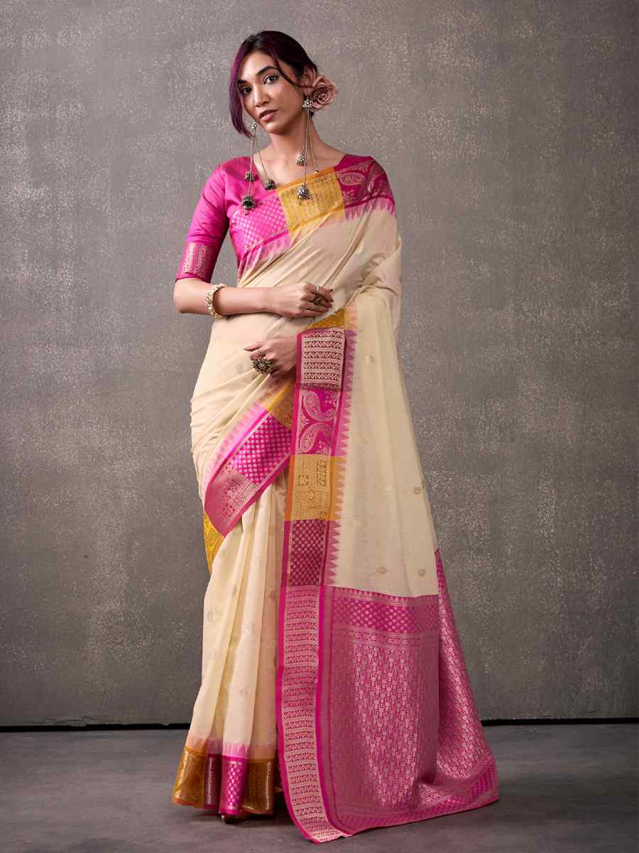 Off-White Modal Cotton Handwoven Festival Wedding Fancy Heavy Border Saree