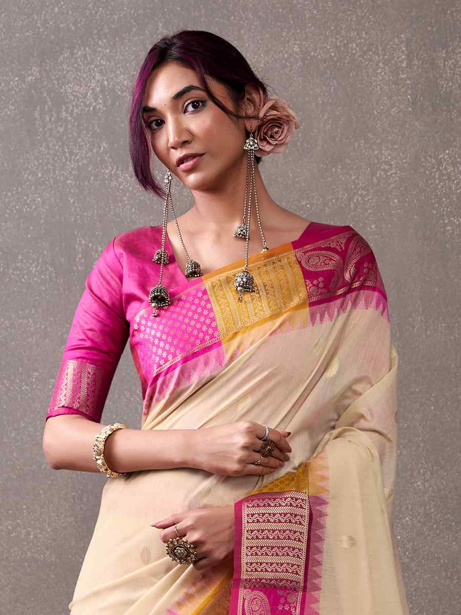Off-White Modal Cotton Handwoven Festival Wedding Fancy Heavy Border Saree
