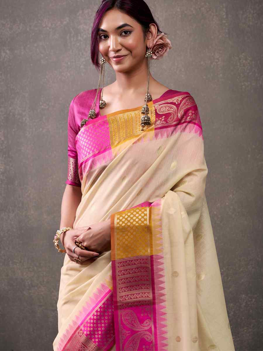 Off-White Modal Cotton Handwoven Festival Wedding Fancy Heavy Border Saree