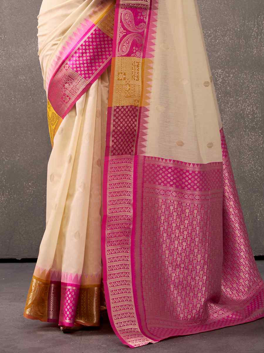 Off-White Modal Cotton Handwoven Festival Wedding Fancy Heavy Border Saree