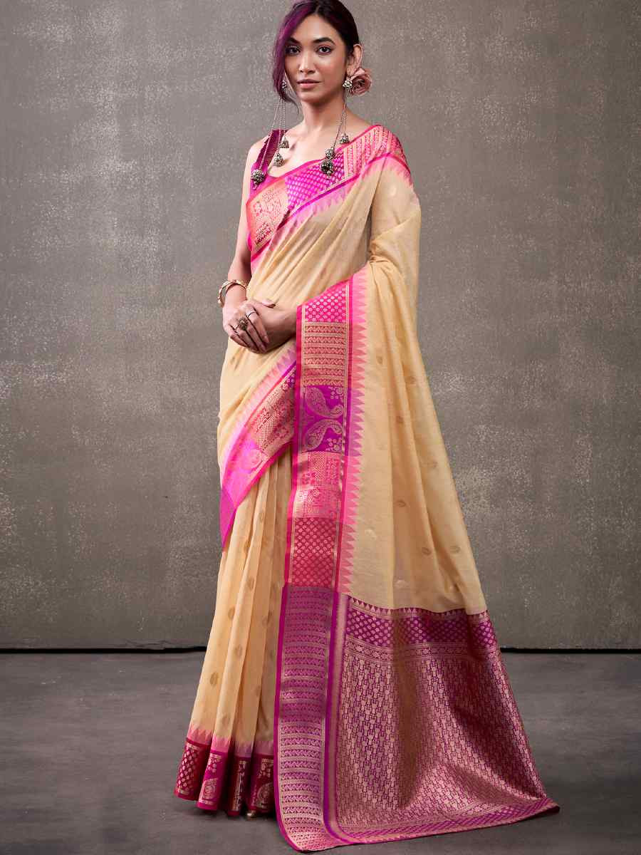 Off-White Modal Cotton Handwoven Festival Wedding Fancy Heavy Border Saree