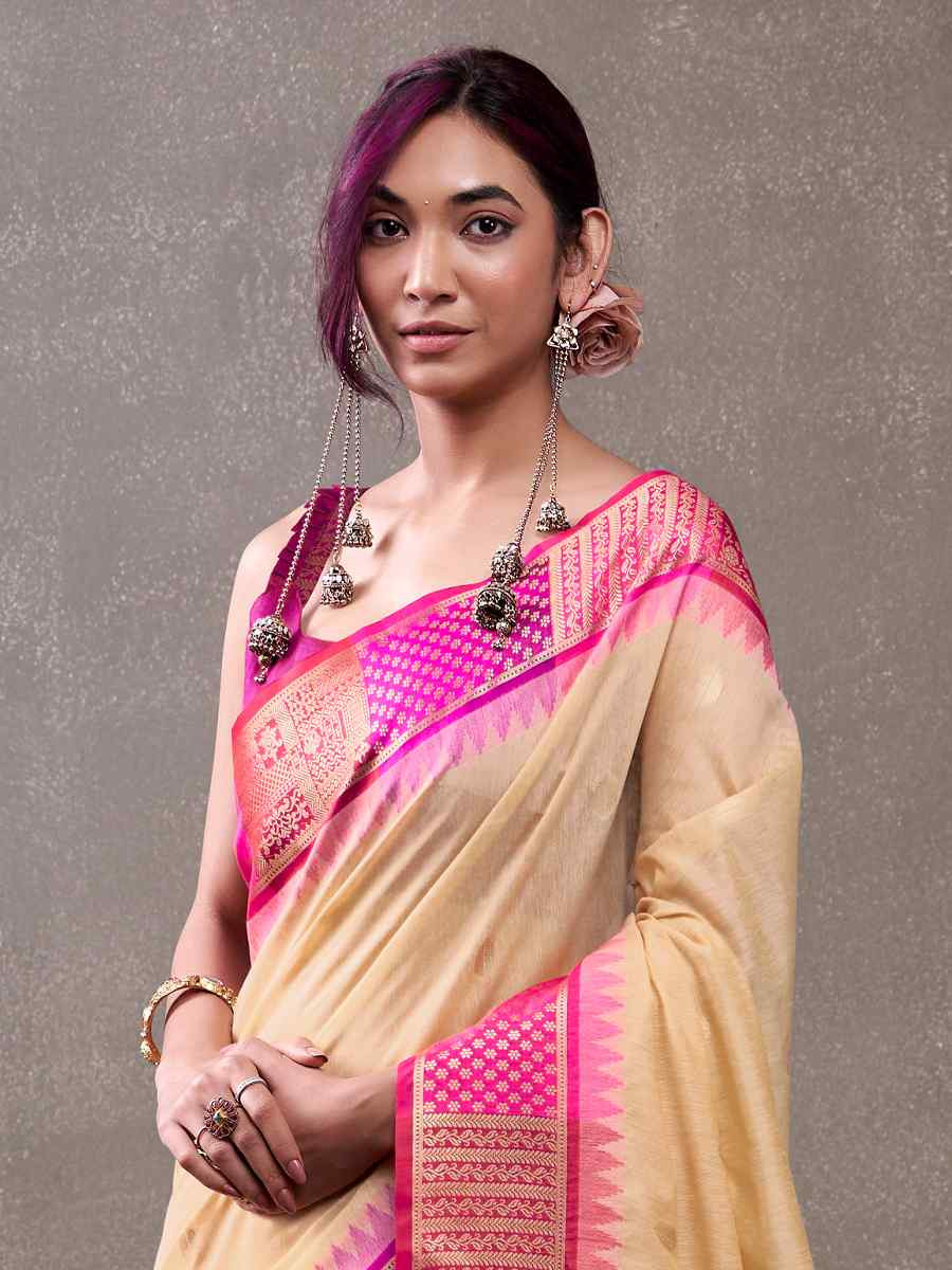 Off-White Modal Cotton Handwoven Festival Wedding Fancy Heavy Border Saree