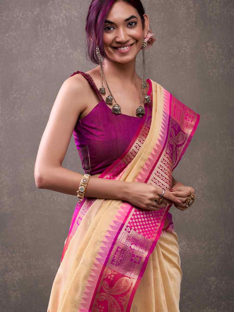 Off-White Modal Cotton Handwoven Festival Wedding Fancy Heavy Border Saree