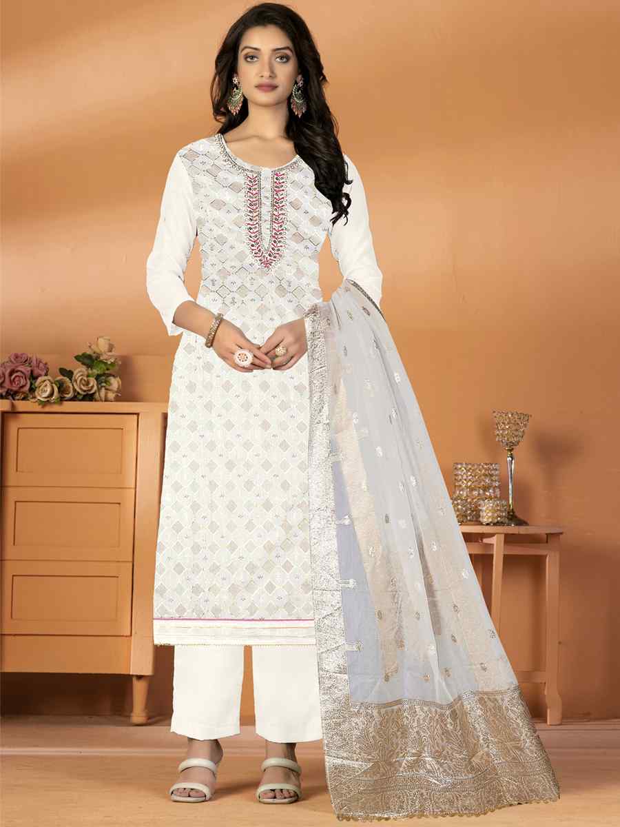 Off White Modal Silk Embroidered Casual Festival Pant Salwar Kameez