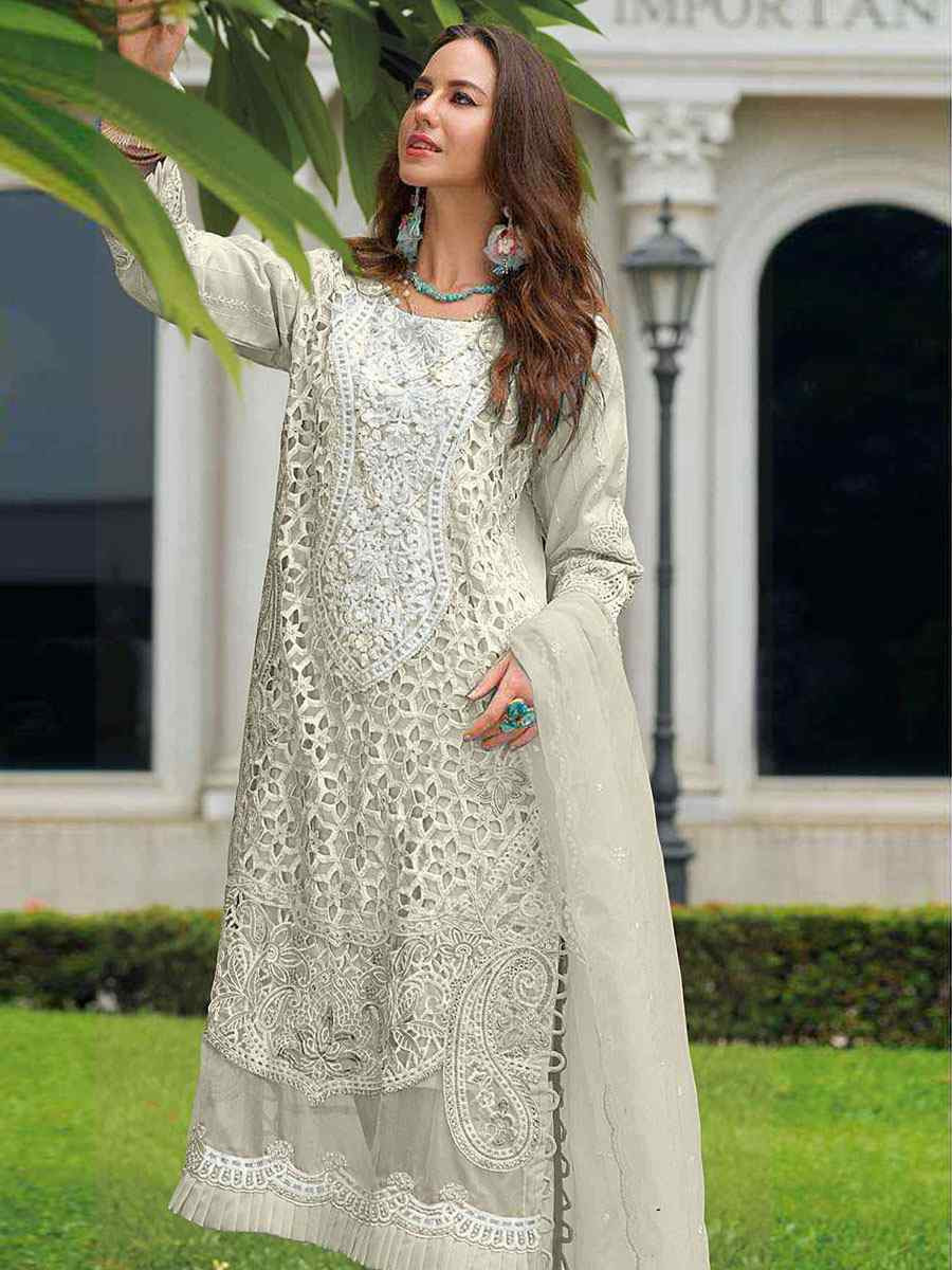 Off-White Naylon Organza Embroidered Festival Wedding Pant Salwar Kameez