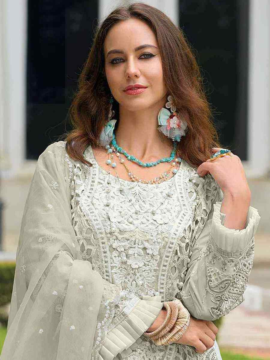 Off-White Naylon Organza Embroidered Festival Wedding Pant Salwar Kameez