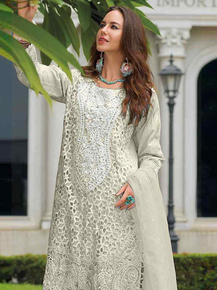 Off-White Naylon Organza Embroidered Festival Wedding Pant Salwar Kameez