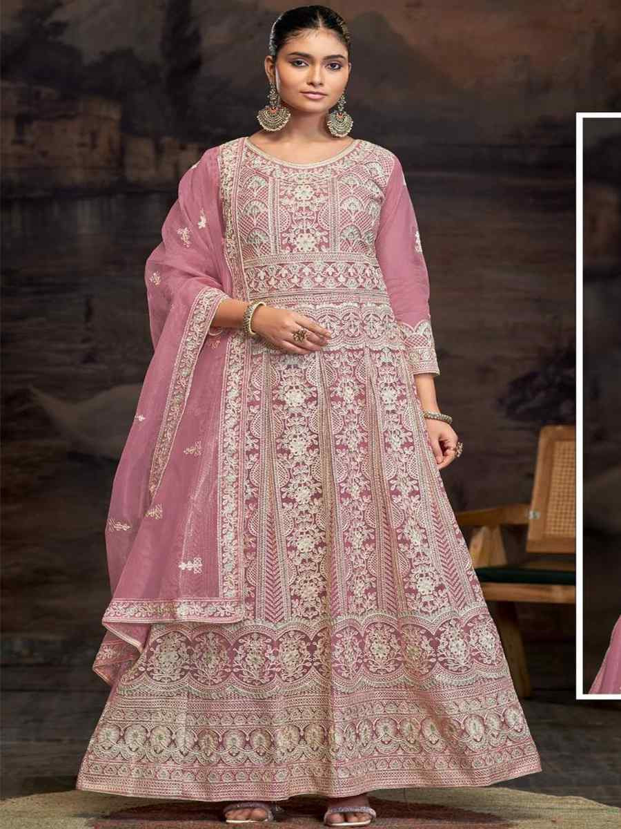 Off-White Net Embroidered Festival Wedding Anarkali Salwar Kameez