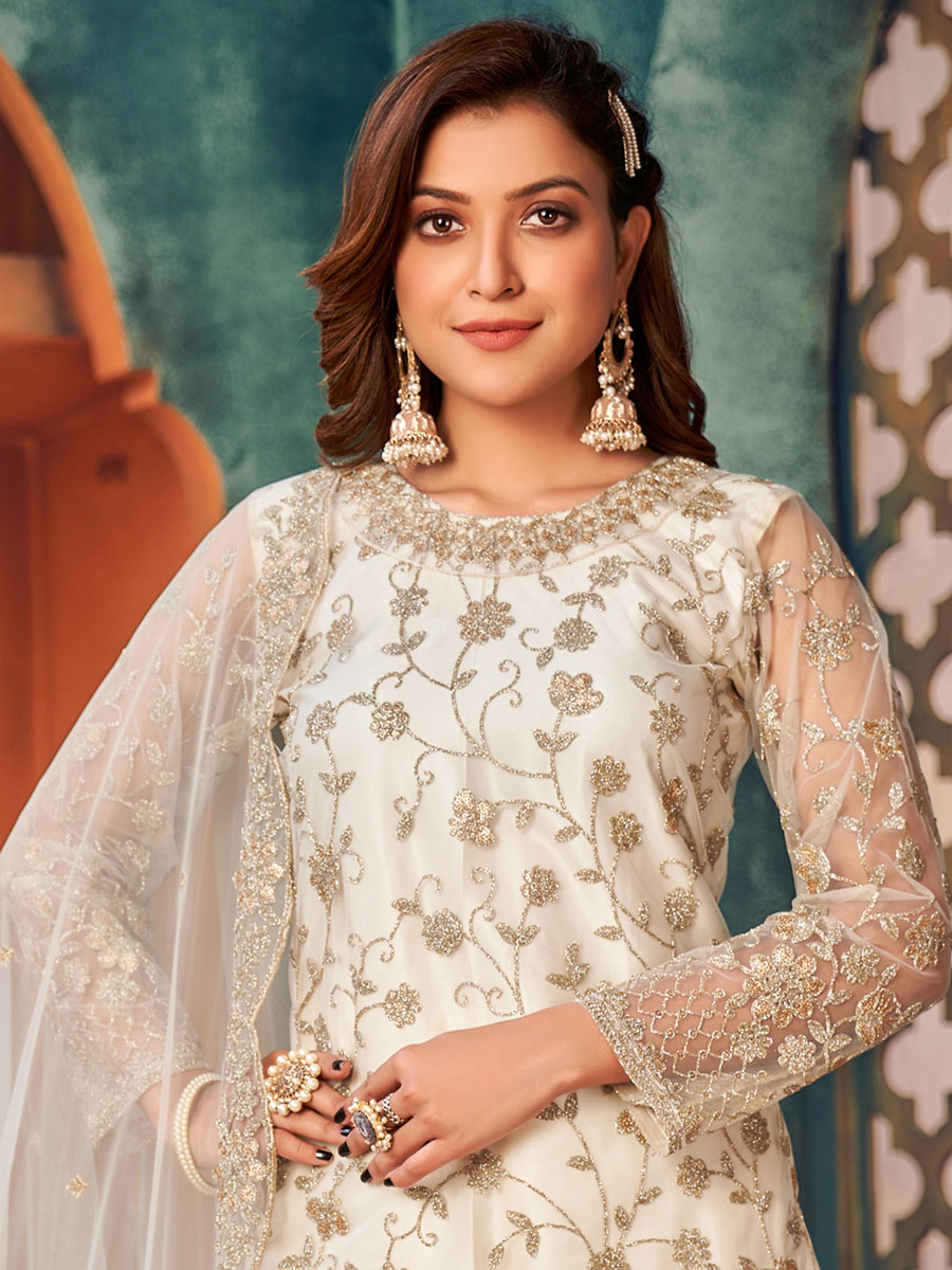 Off White Net Embroidered Party Palazzo Pant Kameez