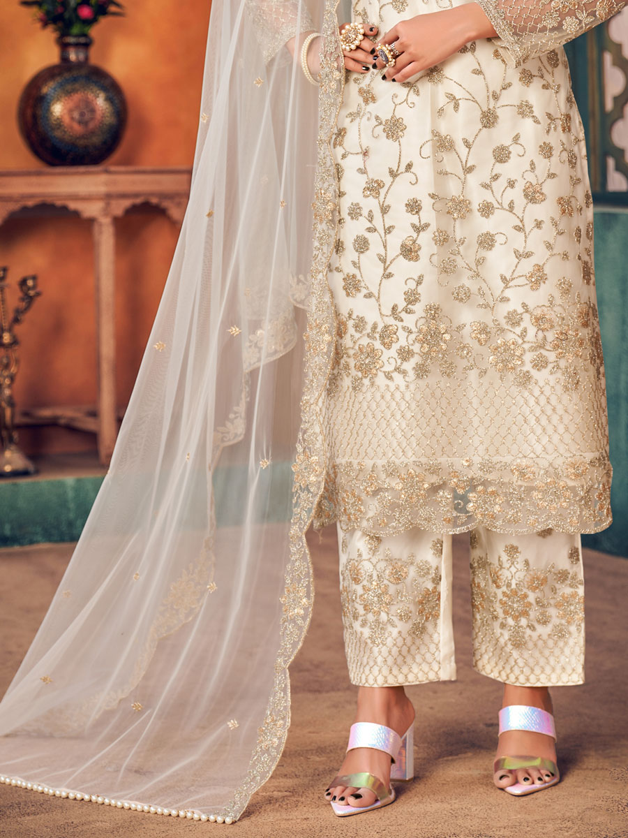 Off White Net Embroidered Party Palazzo Pant Kameez