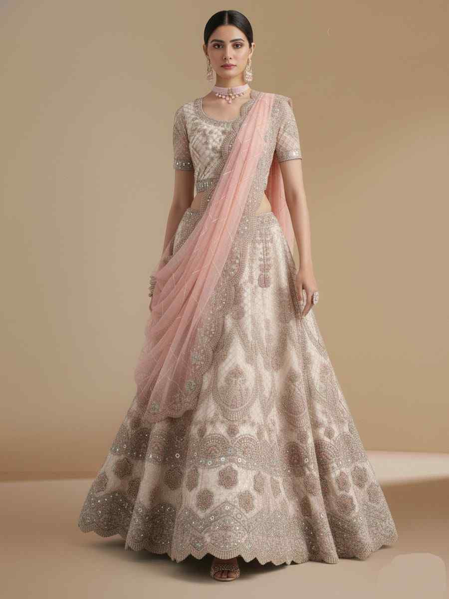 Off White Net Embroidered Wedding Reception Festival Heavy Border Lehenga Choli