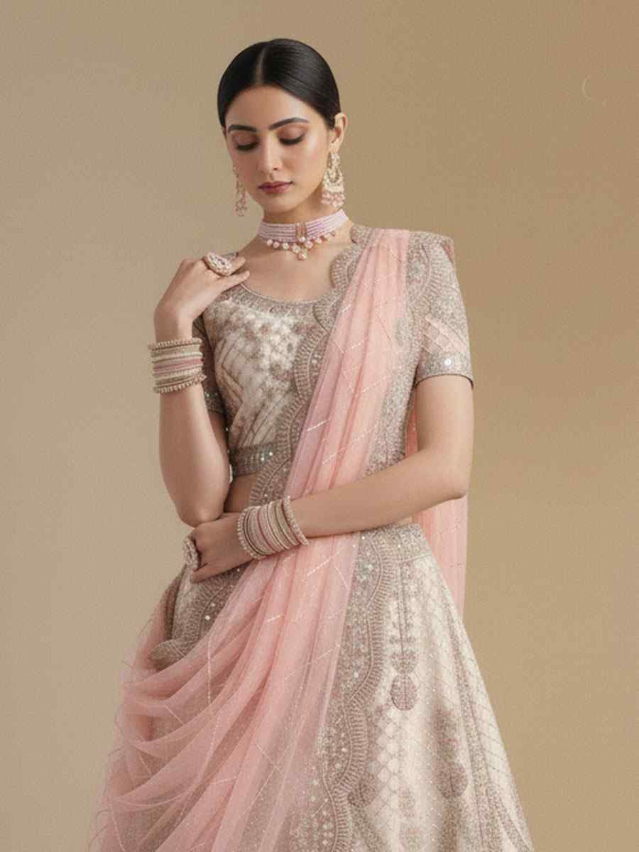 Off White Net Embroidered Wedding Reception Festival Heavy Border Lehenga Choli