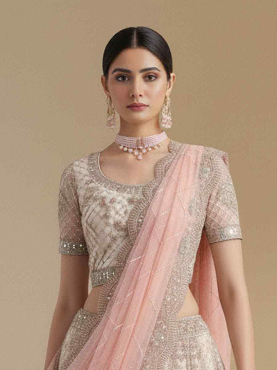 Off White Net Embroidered Wedding Reception Festival Heavy Border Lehenga Choli