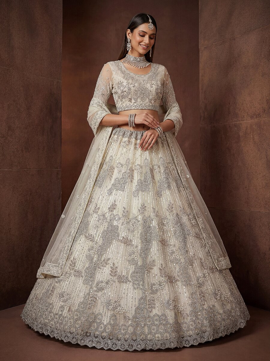 Off White Net Embroidery Sequins Wedding Reception Party Festival Heavy Border Lehenga Choli