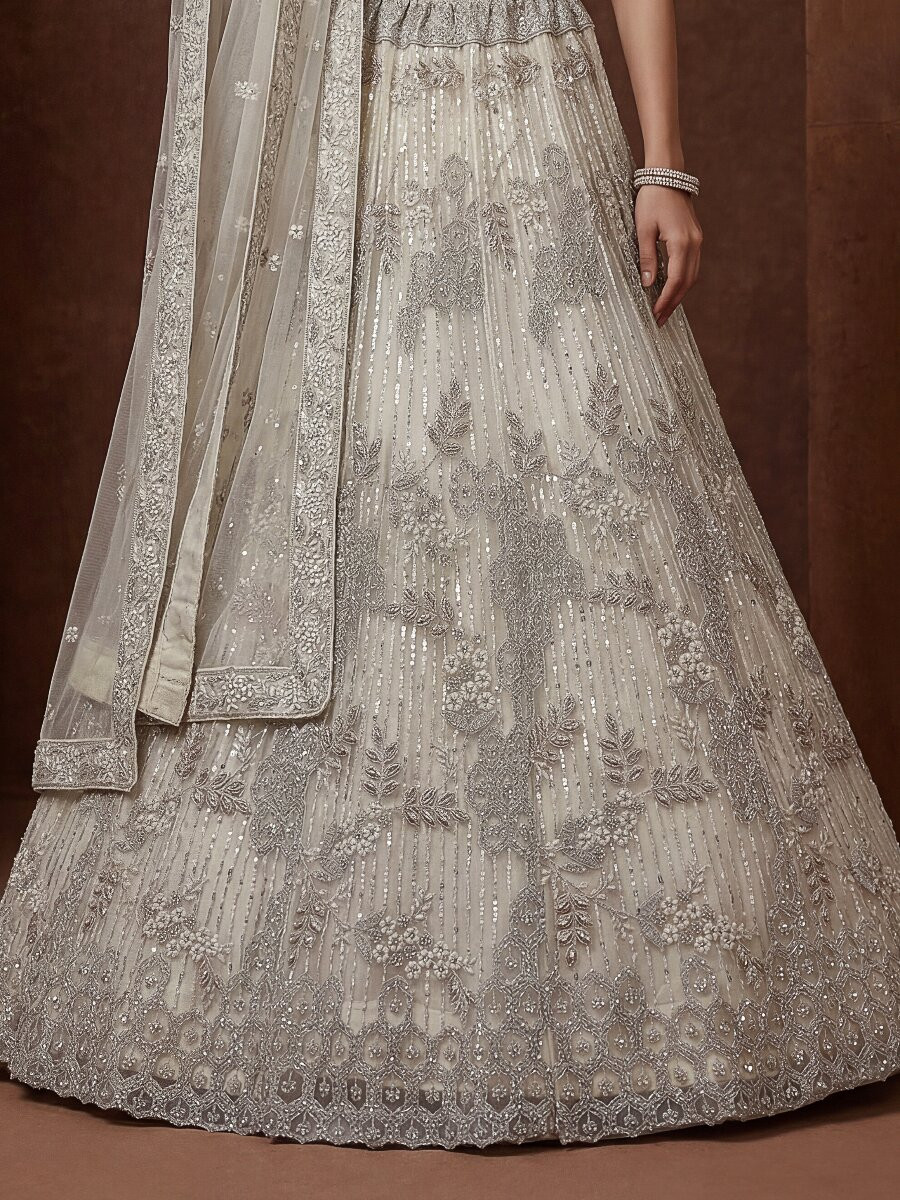 Off White Net Embroidery Sequins Wedding Reception Party Festival Heavy Border Lehenga Choli