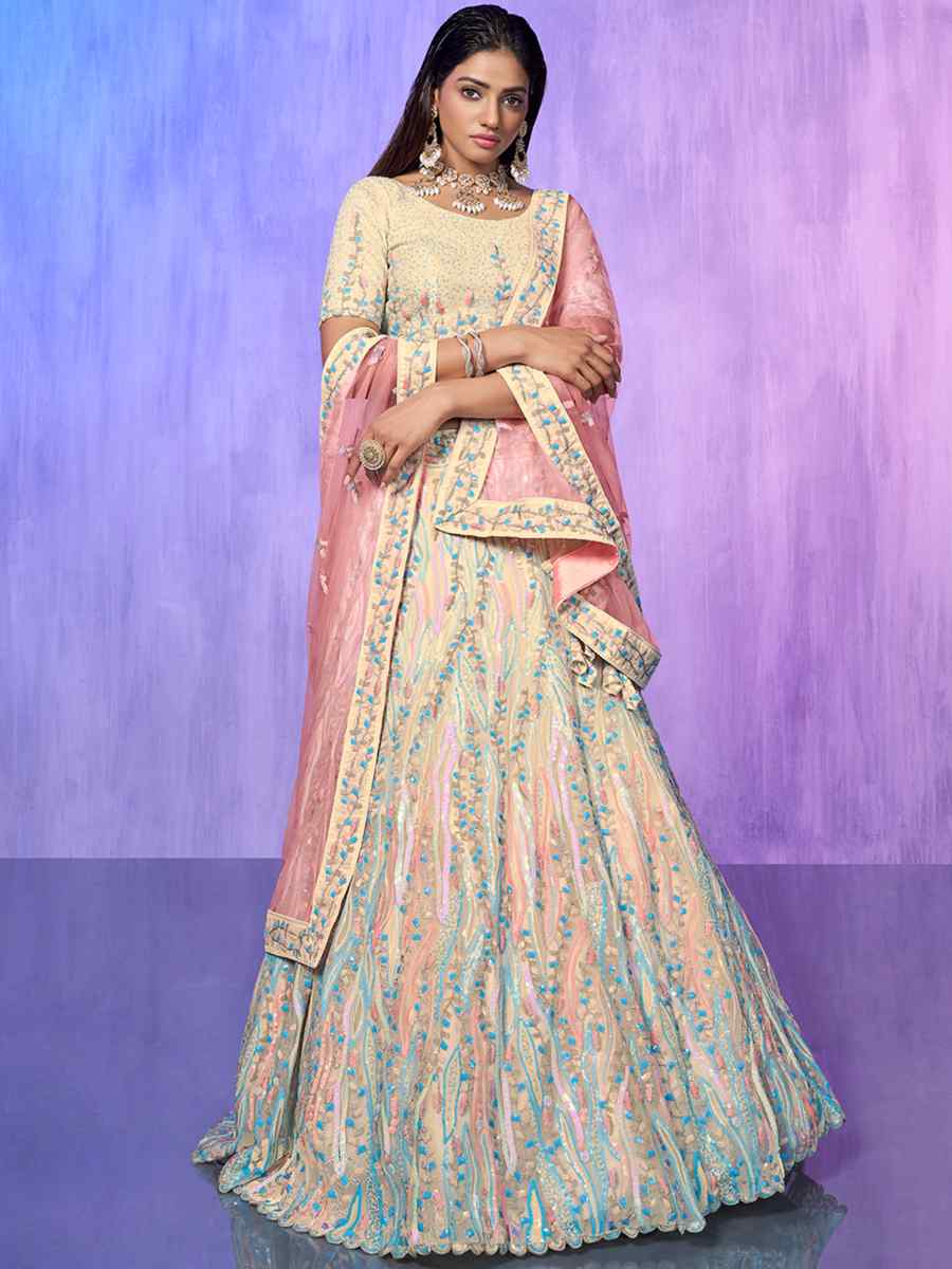 Off White Organza Embroidered Bridal Reception Heavy Border Lehenga Choli