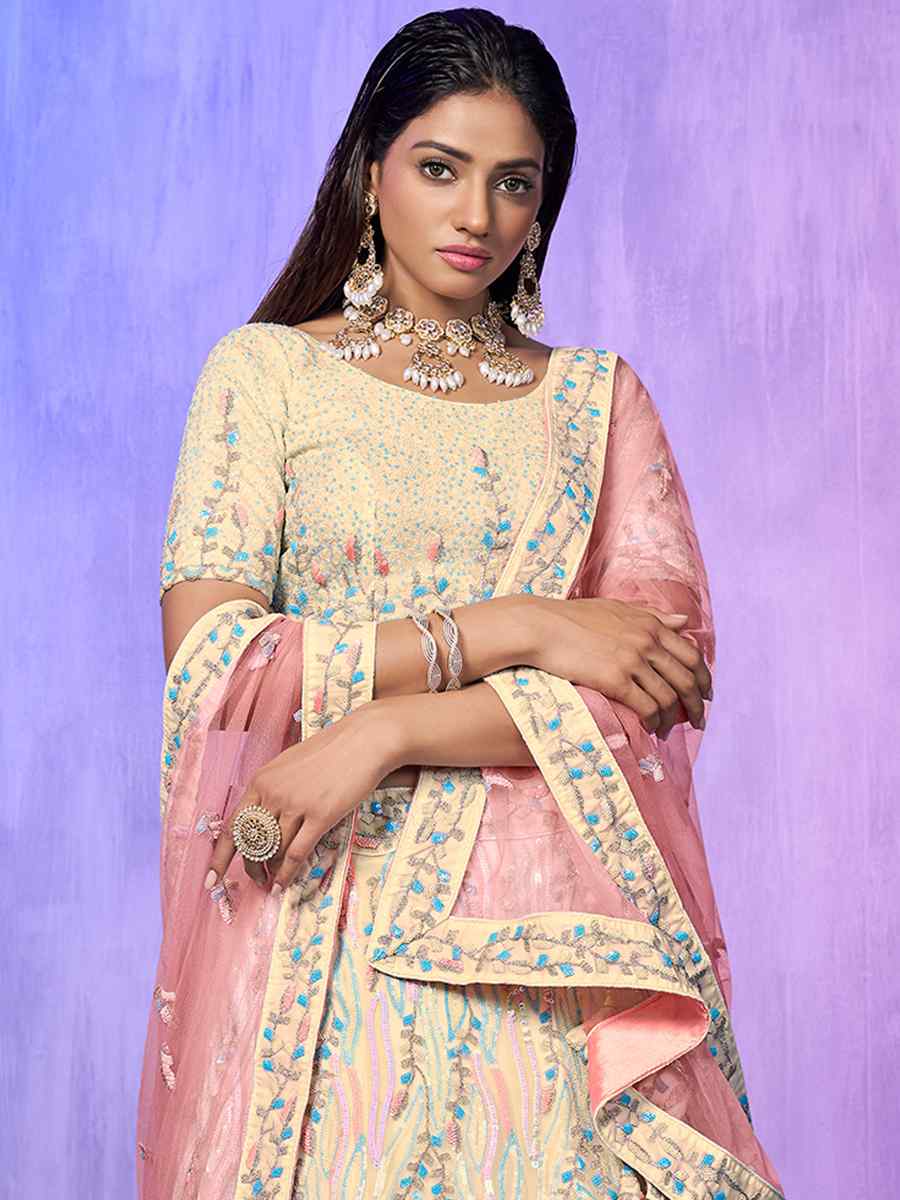 Off White Organza Embroidered Bridal Reception Heavy Border Lehenga Choli