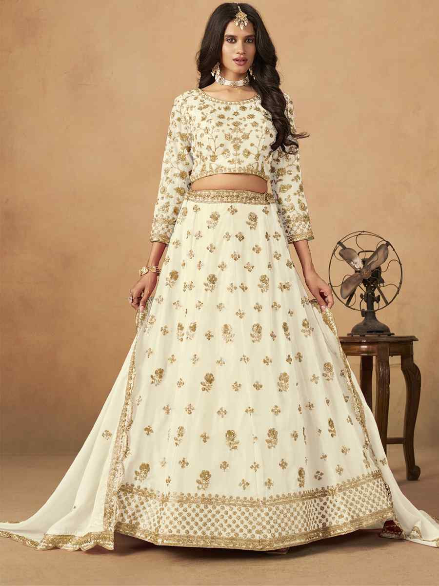 Off-White Organza Embroidered Bridal Wedding Reception Festival Heavy Border Lehenga Choli