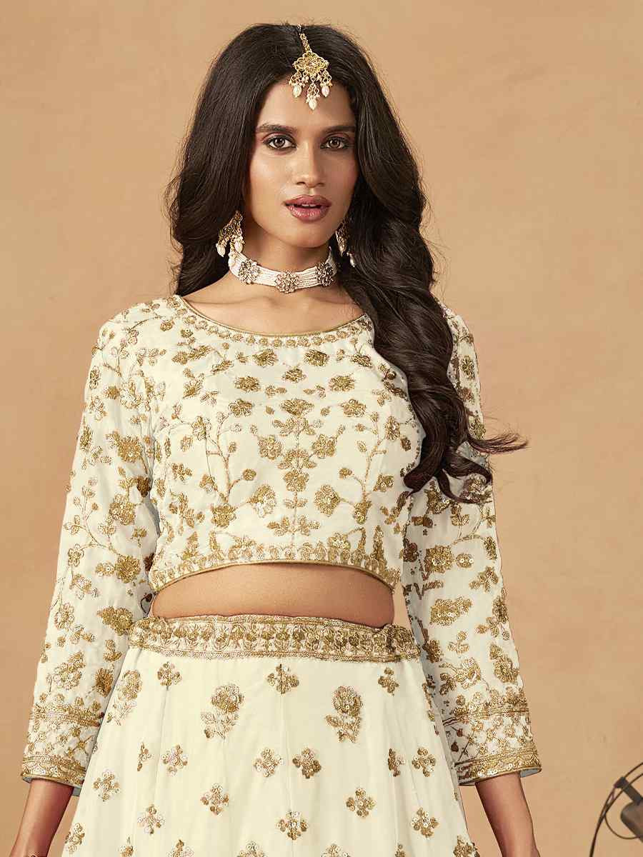 Off-White Organza Embroidered Bridal Wedding Reception Festival Heavy Border Lehenga Choli