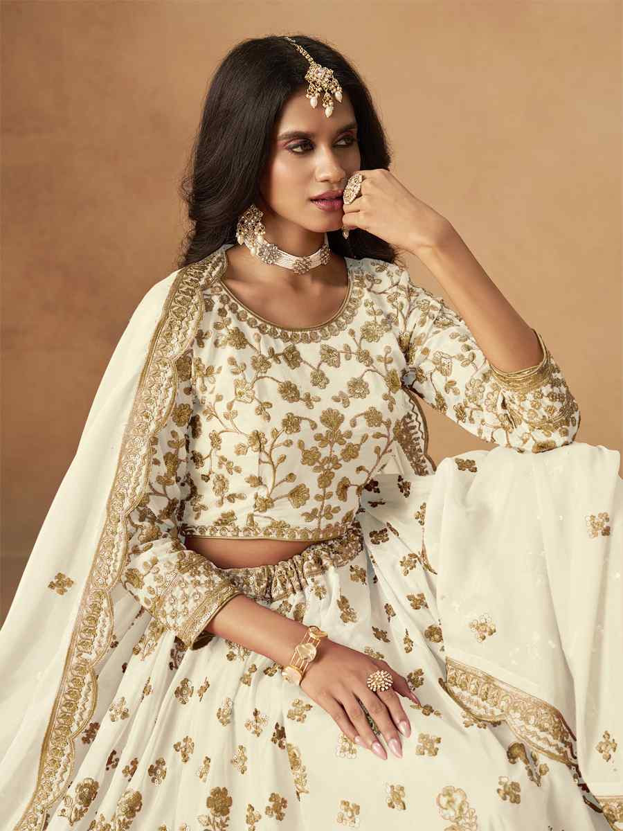 Off-White Organza Embroidered Bridal Wedding Reception Festival Heavy Border Lehenga Choli