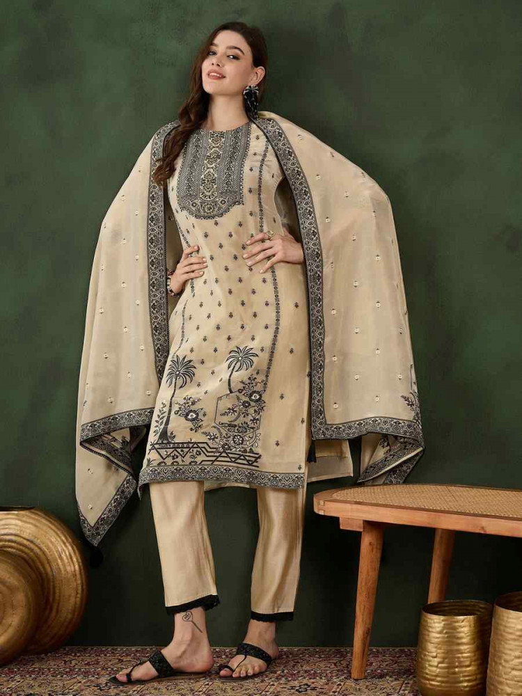Off-White Organza Embroidered Festival Casual Ready Pant Salwar Kameez