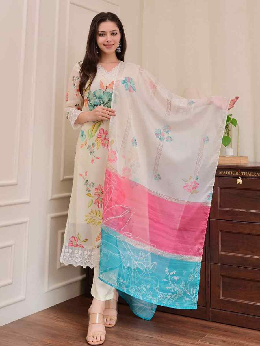 Off-White Organza Embroidered Festival Casual Ready Pant Salwar Kameez