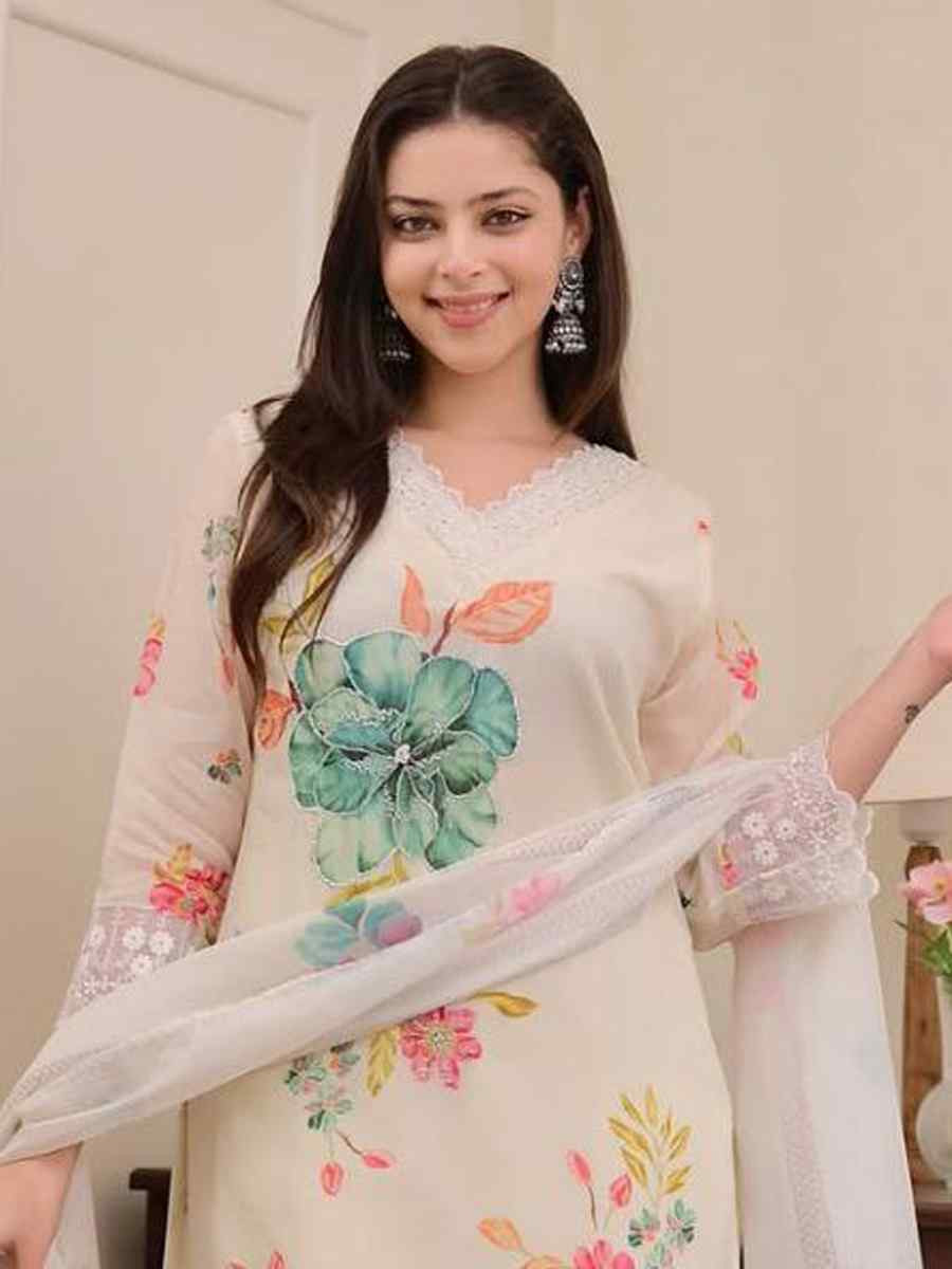 Off-White Organza Embroidered Festival Casual Ready Pant Salwar Kameez