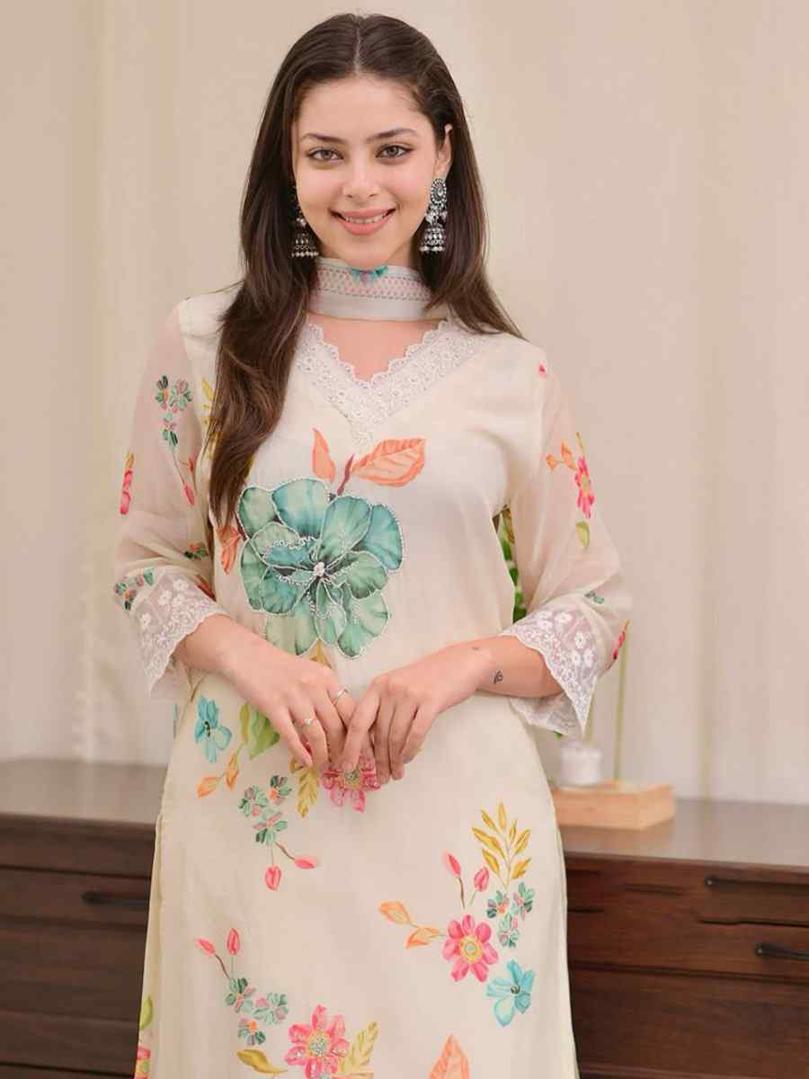 Off-White Organza Embroidered Festival Casual Ready Pant Salwar Kameez