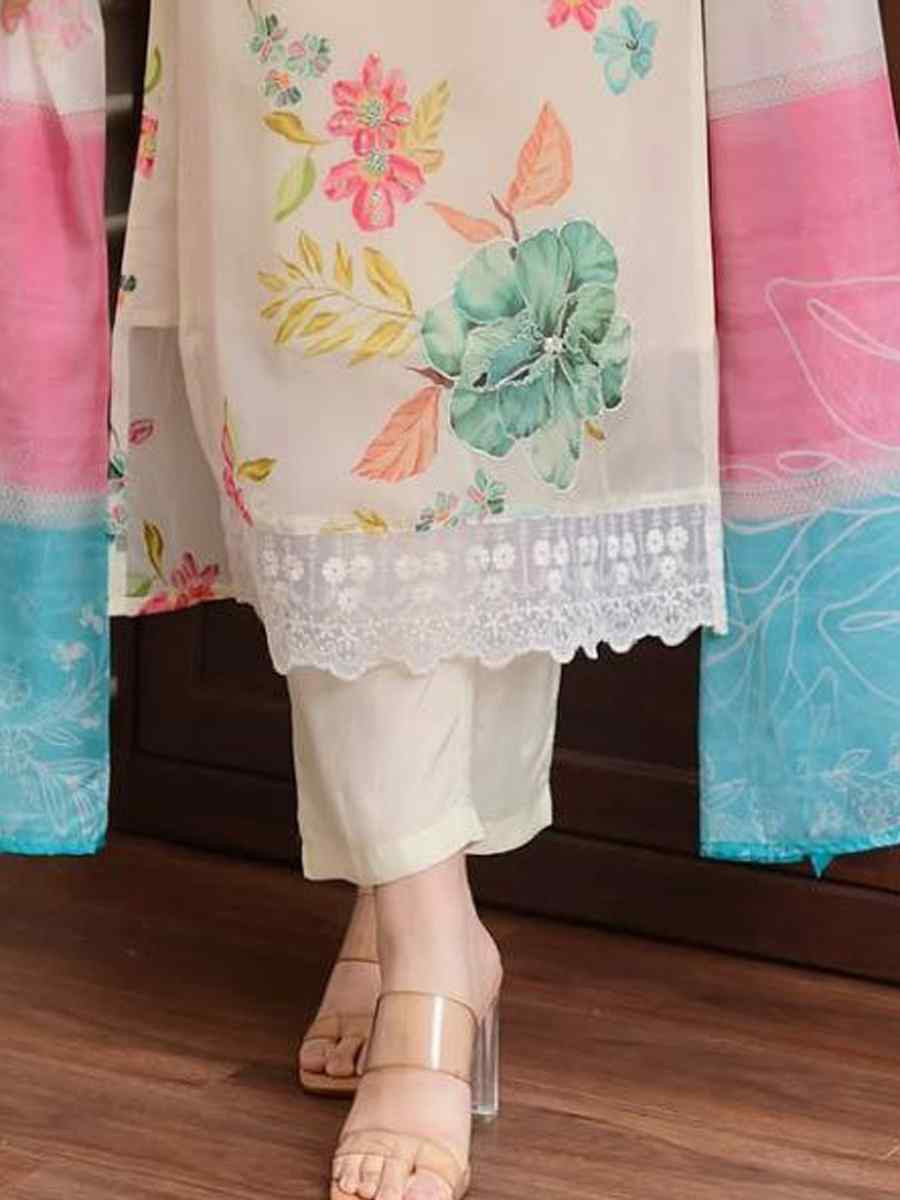 Off-White Organza Embroidered Festival Casual Ready Pant Salwar Kameez