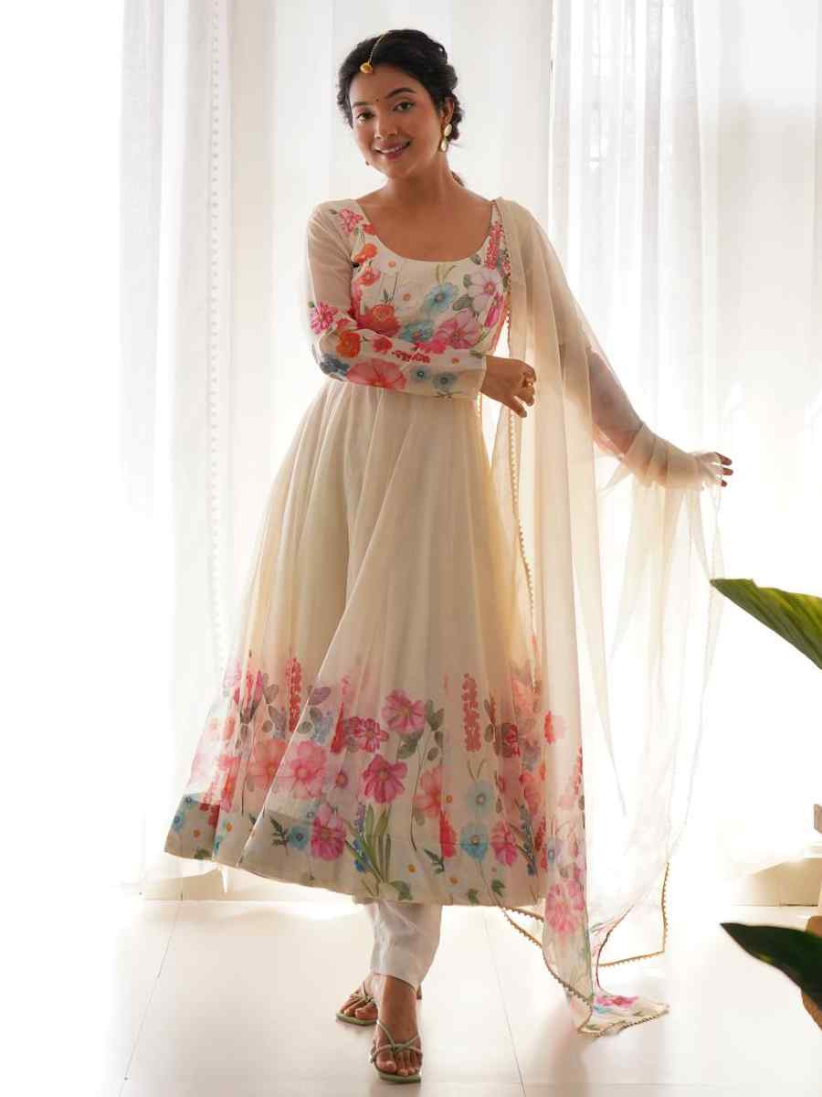 Off-White Organza Floral Printed Embroidery Party Wedding Festival Casual Ready Anarkali Salwar Kameez