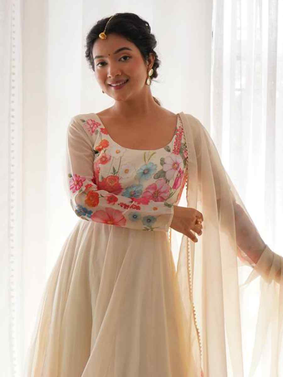 Off-White Organza Floral Printed Embroidery Party Wedding Festival Casual Ready Anarkali Salwar Kameez