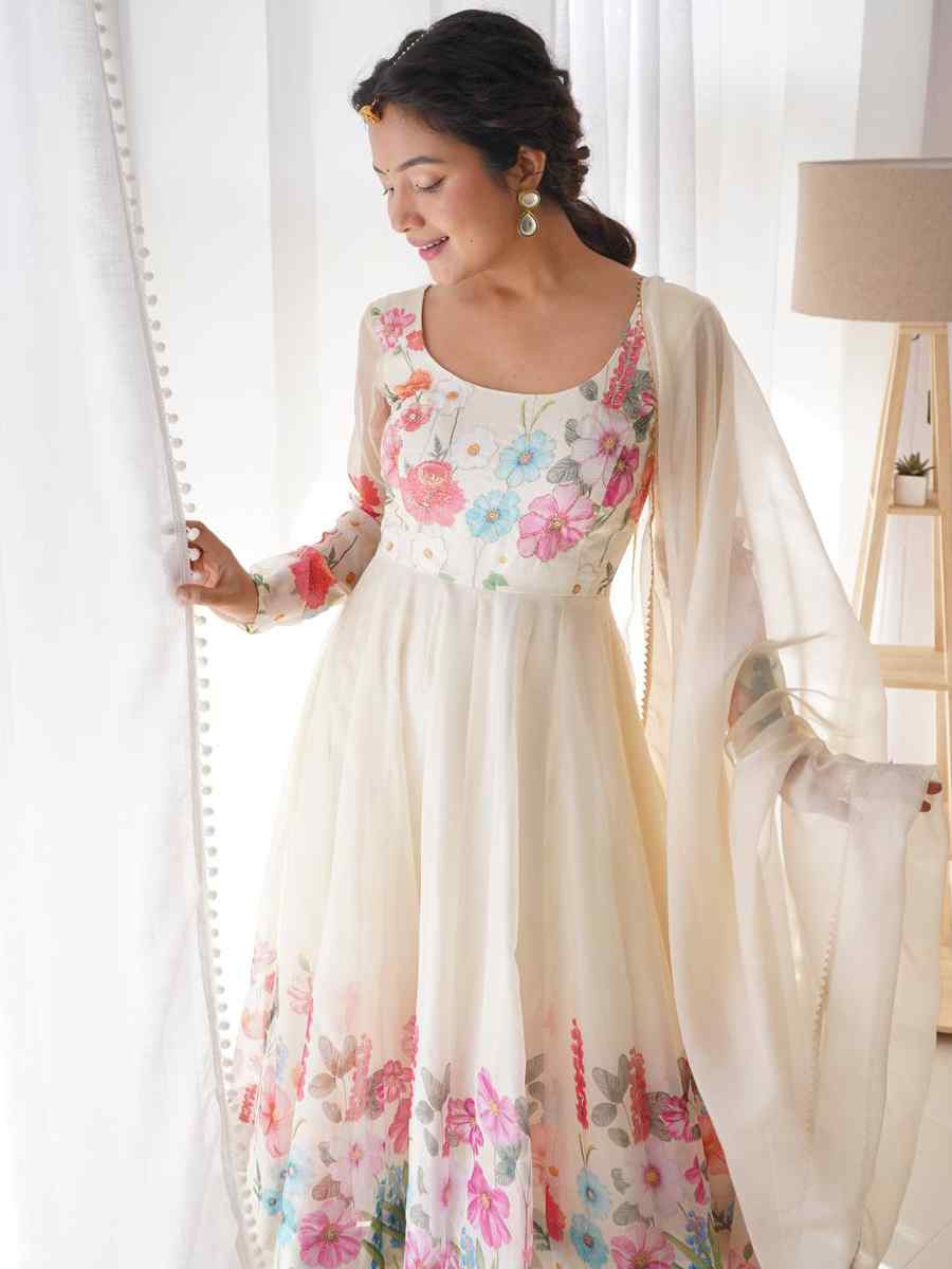 Off-White Organza Floral Printed Embroidery Party Wedding Festival Casual Ready Anarkali Salwar Kameez