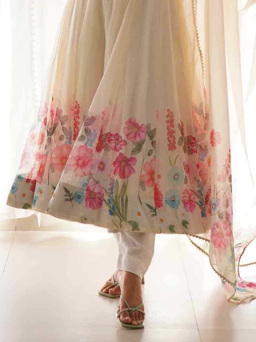 Off-White Organza Floral Printed Embroidery Party Wedding Festival Casual Ready Anarkali Salwar Kameez