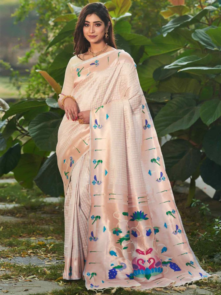 Off White Paithani Silk Handwoven Wedding Festival Heavy Border Saree