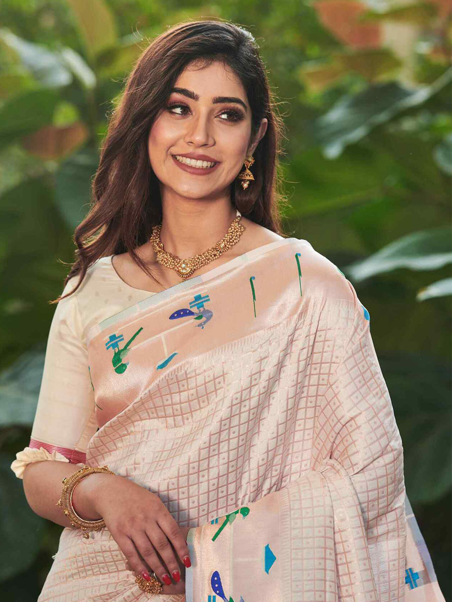 Off White Paithani Silk Handwoven Wedding Festival Heavy Border Saree