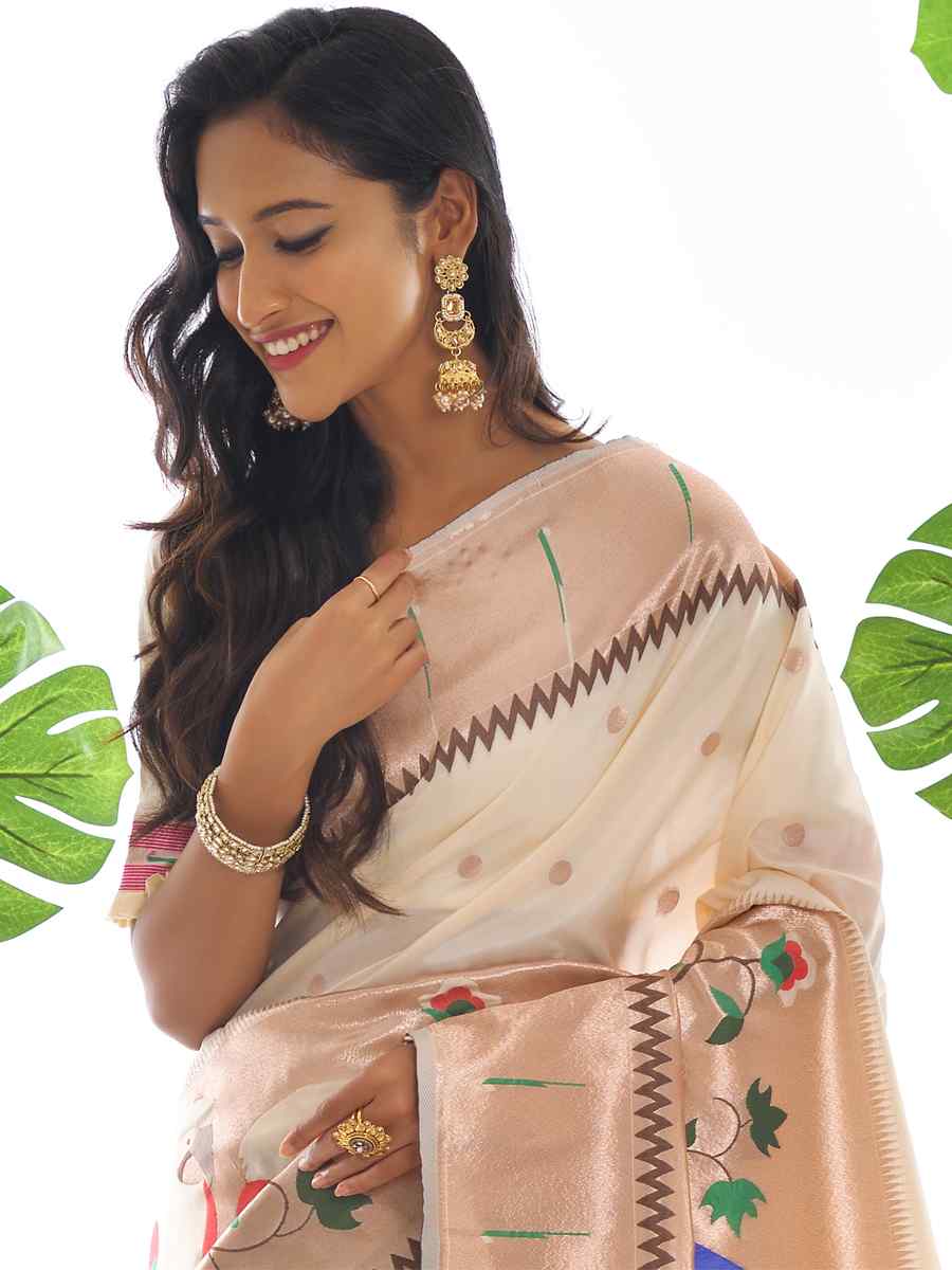 Off White Paithani Silk Handwoven Wedding Festival Heavy Border Saree