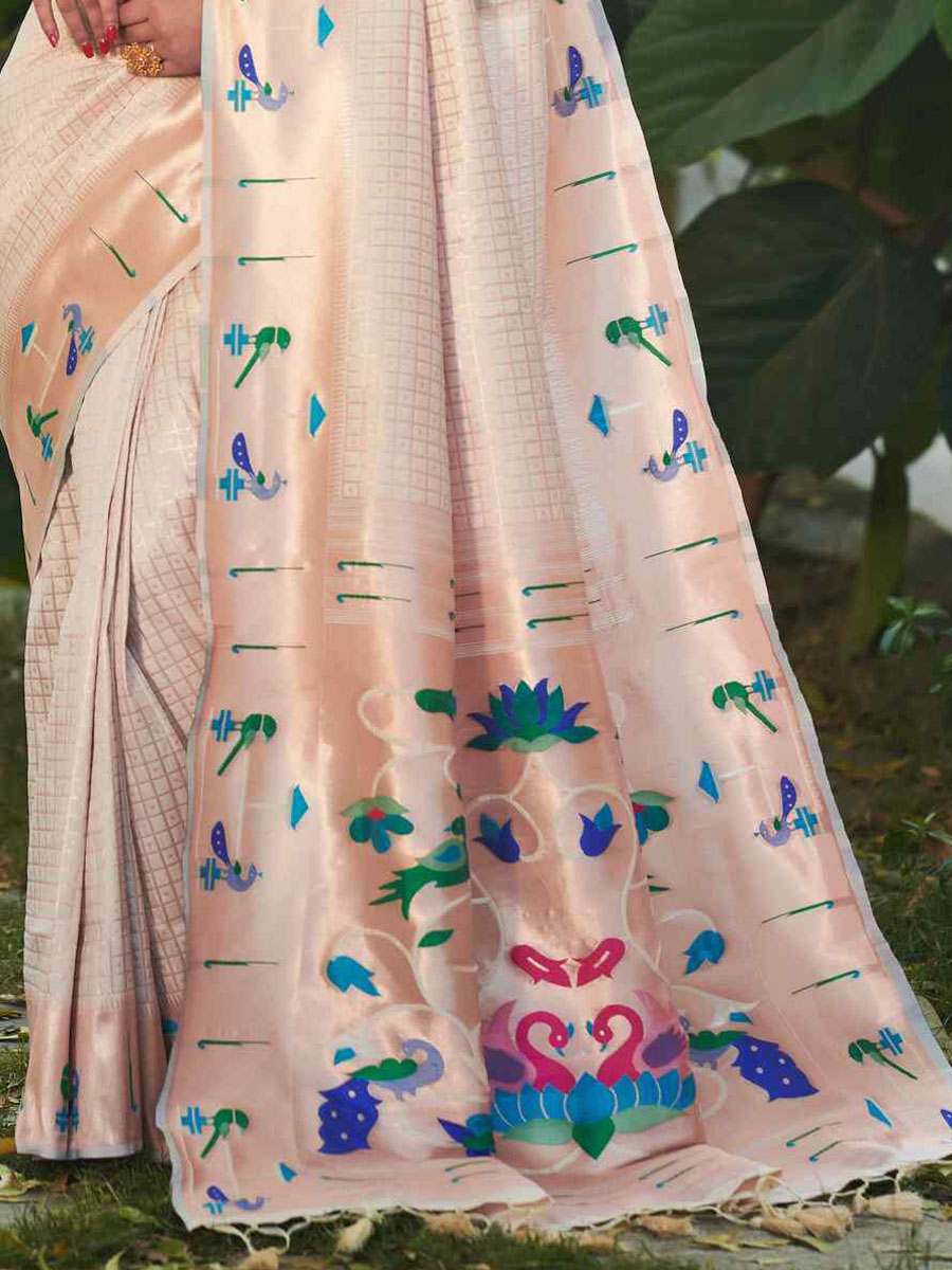 Off White Paithani Silk Handwoven Wedding Festival Heavy Border Saree