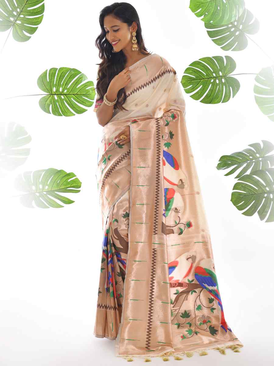 Off White Paithani Silk Handwoven Wedding Festival Heavy Border Saree