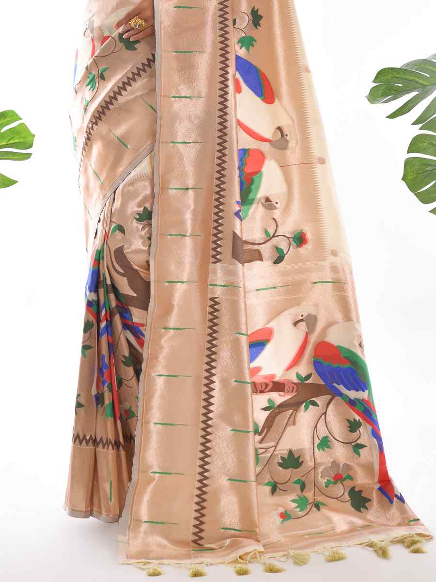 Off White Paithani Silk Handwoven Wedding Festival Heavy Border Saree
