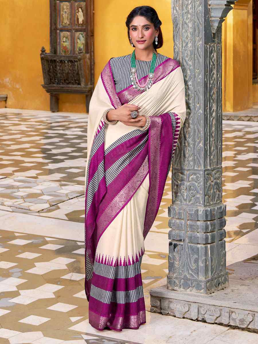 Off White Poly Cotton Handwoven Casual Festival Party Classic Style Sarees