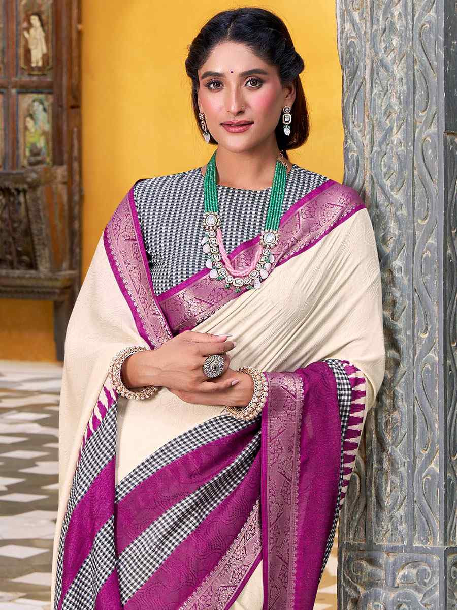 Off White Poly Cotton Handwoven Casual Festival Party Classic Style Sarees